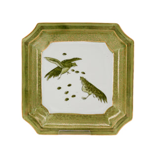 Andrea by Sadek 8" Square Celadon Green with Gold Trim Pheasant Plate