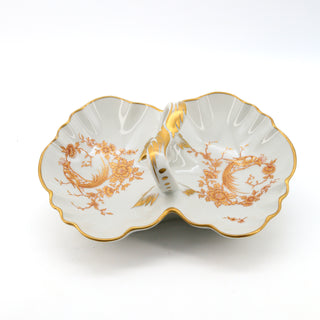 Limoges France Peacock & Peony Porcelain Serving Handled Divided Nut Bowl