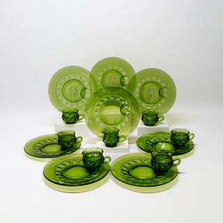 Indiana Glass Green Kings Crown Thumbprint Snack Plate & Cup Set (14 Pieces)