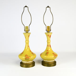 Pair of Antique Yellow Floral Table Lamps