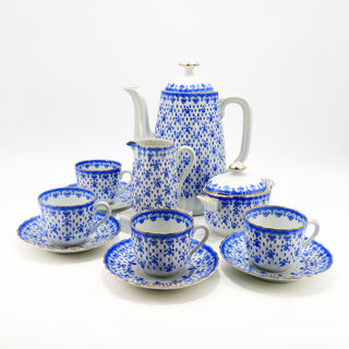 Oscar Schaller & Co "Fleur De Lis" Blue & White Coffee Set