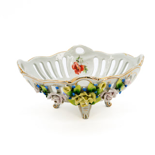 Meissen Style Made in Germany Floral Multicolored Rose Gold TrimReticulated Bowl